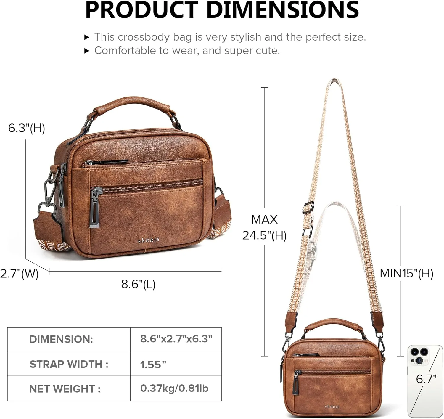 Shrrie Quilted Crossbody Bags for Women - Vegan Leather Crossbody Purses Triple Pocket Small Purses for Women Wide Strap