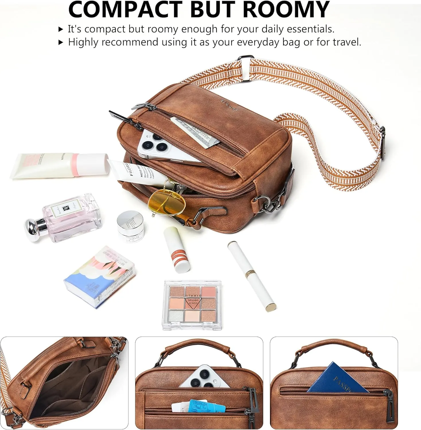 Shrrie Quilted Crossbody Bags for Women - Vegan Leather Crossbody Purses Triple Pocket Small Purses for Women Wide Strap