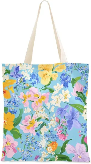 Simple Spring Fresh Floral Colorful Tote Bags Canvas Canvas Tote Bag For Women for Birthday Reusable Canvas Grocery Bags