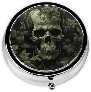 Skeleton Covered by Leaves Pill Box Round Pill Case for Pocket Purse 3 Compartment Medicine Pill Organizer Cute Portable Travel Pillbox Vitamin Cod Liver Oil Storage Box Unique Gift Organizer