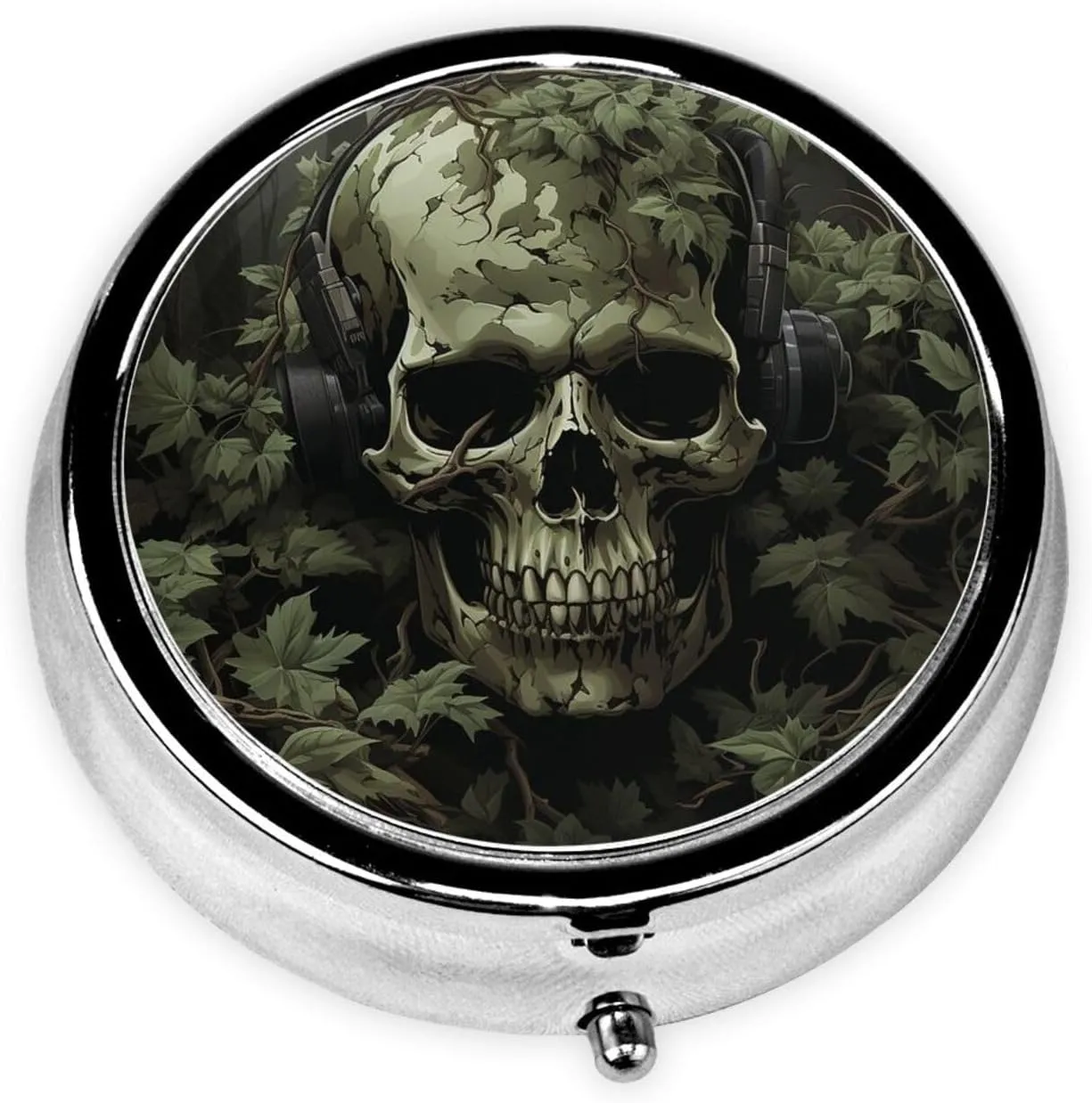 Skeleton Covered by Leaves Pill Box Round Pill Case for Pocket Purse 3 Compartment Medicine Pill Organizer Cute Portable Travel Pillbox Vitamin Cod Liver Oil Storage Box Unique Gift Organizer