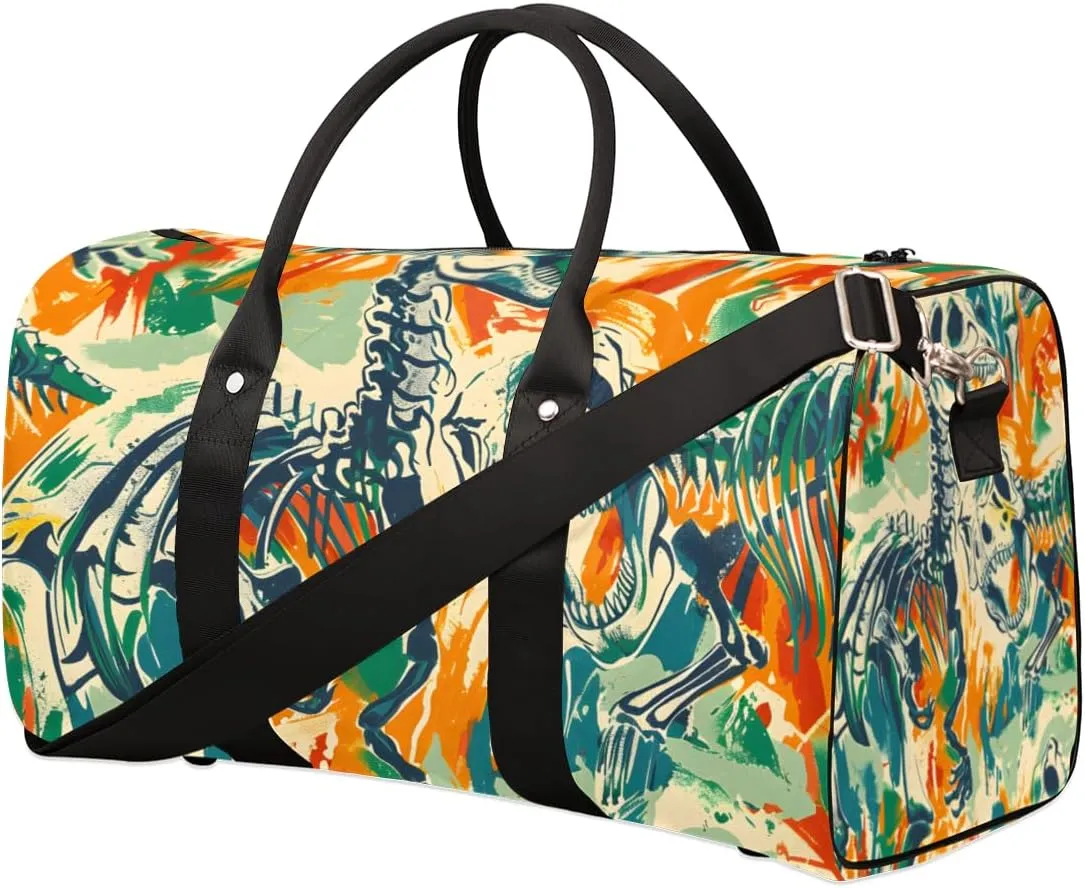 Skeleton Dinosaurs Travel Duffle Bag for Women Men Gym Duffel Foldable Bag Waterproof Weekender Colorful Historic Duffle Tote