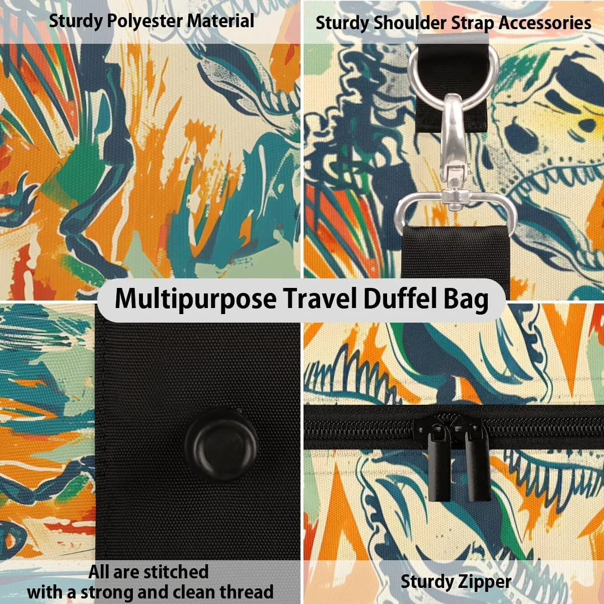 Skeleton Dinosaurs Travel Duffle Bag for Women Men Gym Duffel Foldable Bag Waterproof Weekender Colorful Historic Duffle Tote