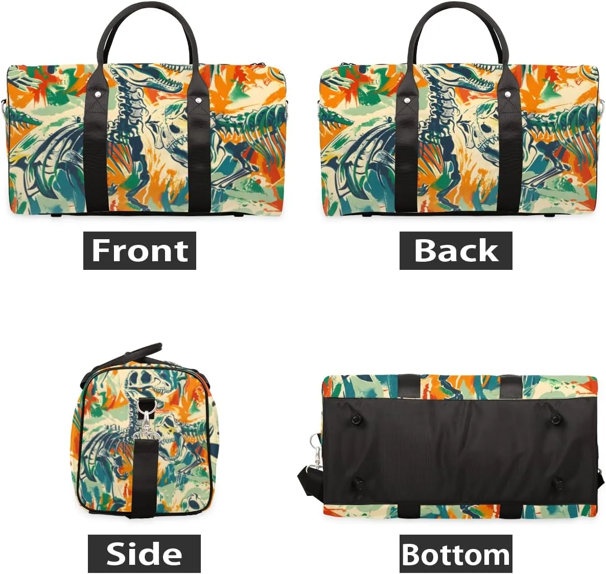Skeleton Dinosaurs Travel Duffle Bag for Women Men Gym Duffel Foldable Bag Waterproof Weekender Colorful Historic Duffle Tote