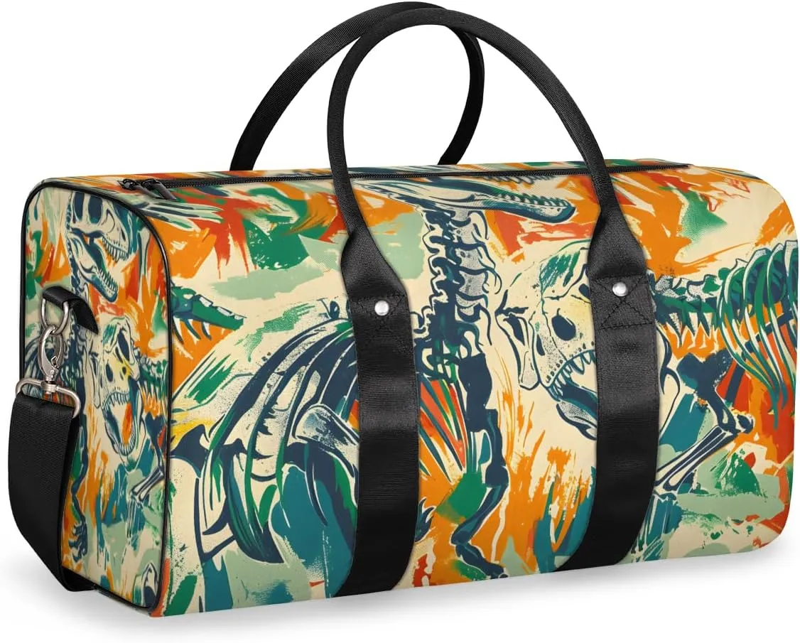 Skeleton Dinosaurs Travel Duffle Bag for Women Men Gym Duffel Foldable Bag Waterproof Weekender Colorful Historic Duffle Tote