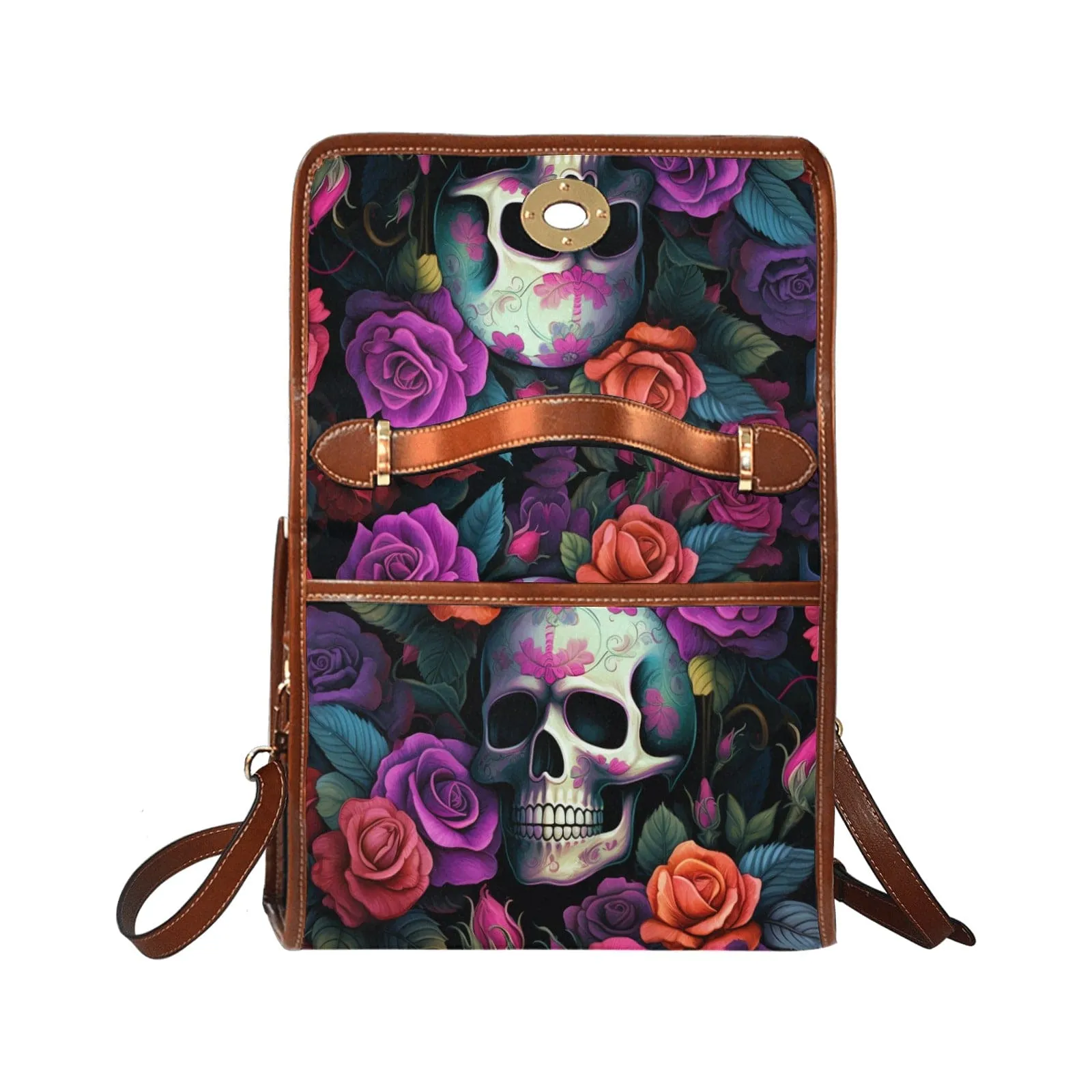 Skull Bright Floral Waterproof Canvas Bag-Brown Trim