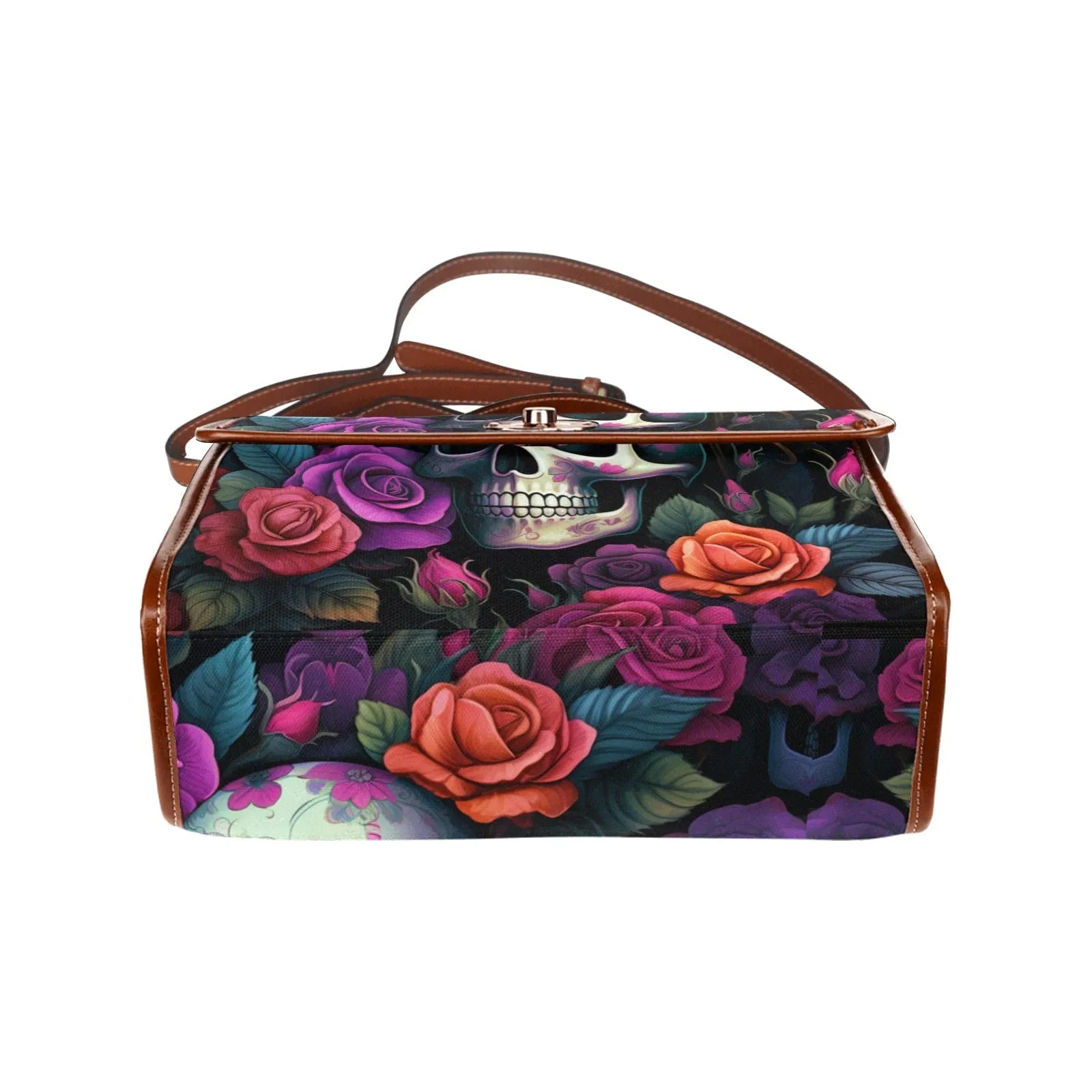 Skull Bright Floral Waterproof Canvas Bag-Brown Trim