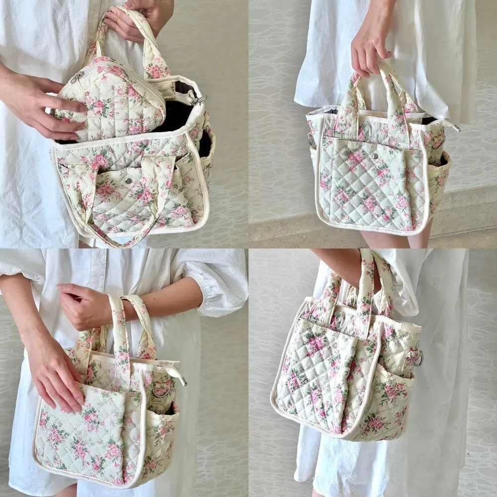Small Floral Quilted Tote Bag for Women, Cute Crossbody Shoulder Purse with Pockets, Everyday Handbags