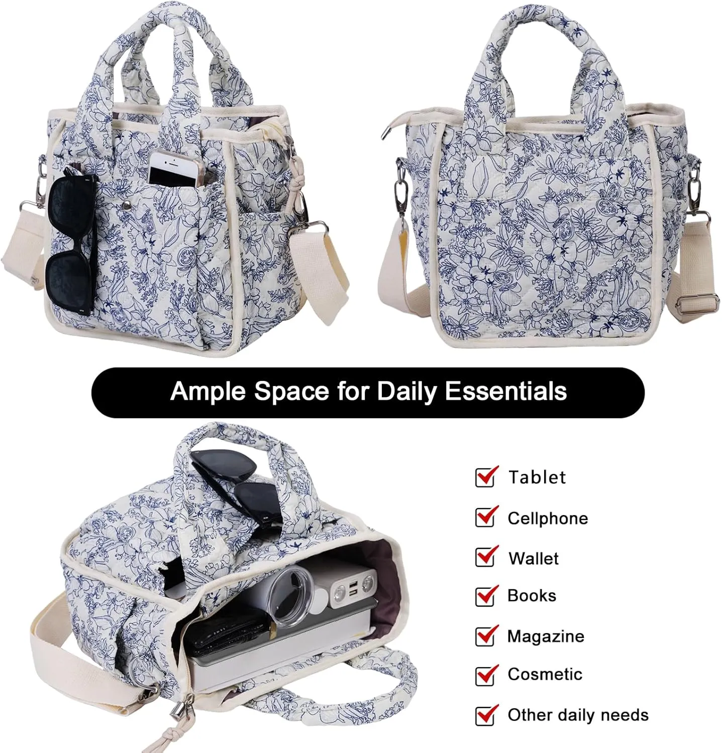Small Floral Quilted Tote Bag for Women, Cute Crossbody Shoulder Purse with Pockets, Everyday Handbags