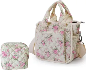 Small Floral Quilted Tote Bag for Women, Cute Crossbody Shoulder Purse with Pockets, Everyday Handbags