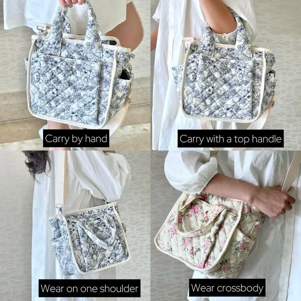 Small Floral Quilted Tote Bag for Women, Cute Crossbody Shoulder Purse with Pockets, Everyday Handbags