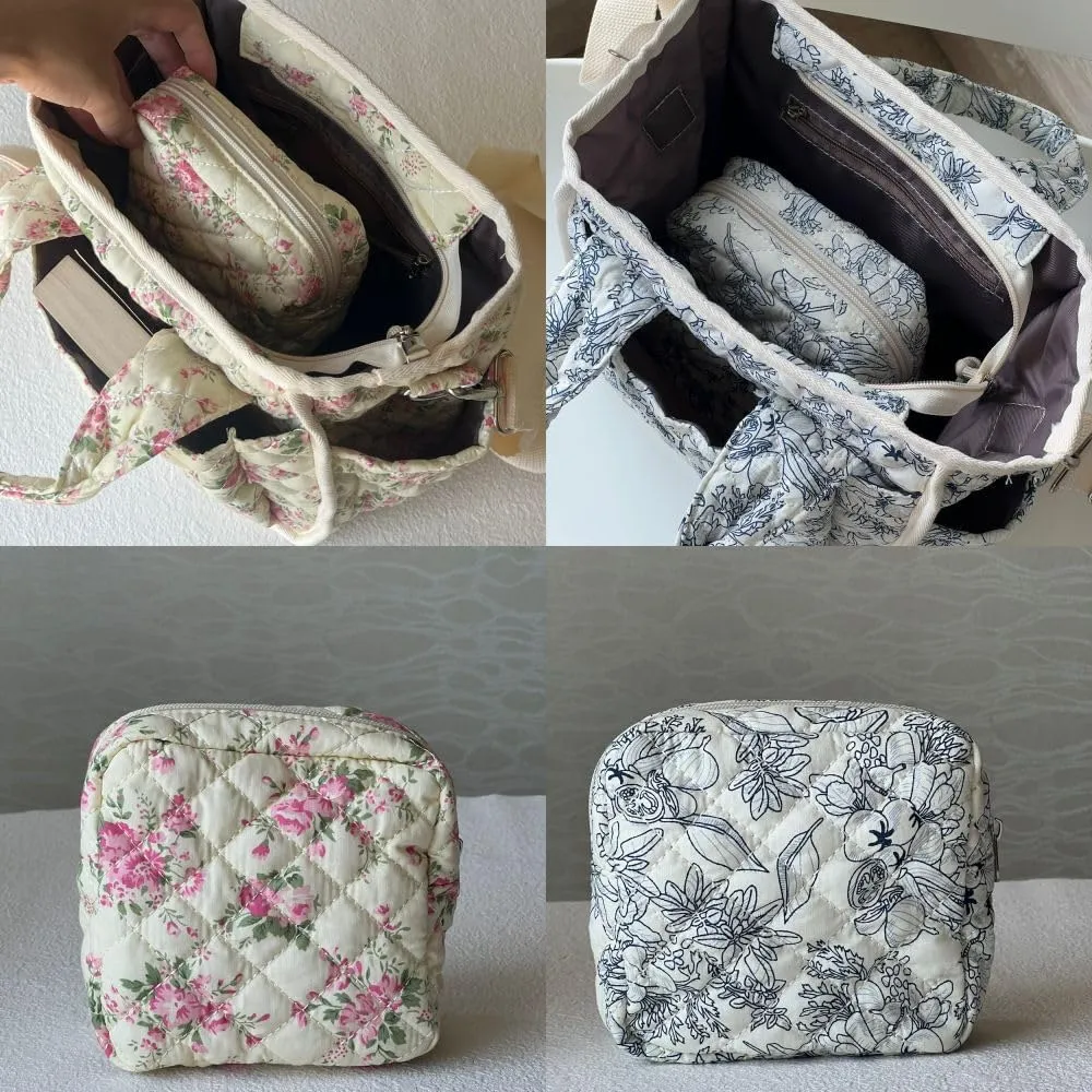 Small Floral Quilted Tote Bag for Women, Cute Crossbody Shoulder Purse with Pockets, Everyday Handbags