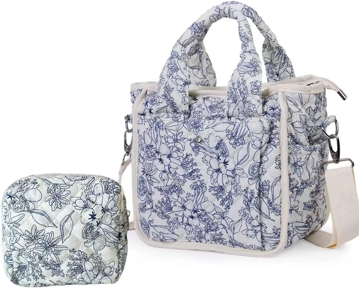 Small Floral Quilted Tote Bag for Women, Cute Crossbody Shoulder Purse with Pockets, Everyday Handbags