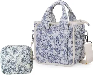 Small Floral Quilted Tote Bag for Women, Cute Crossbody Shoulder Purse with Pockets, Everyday Handbags