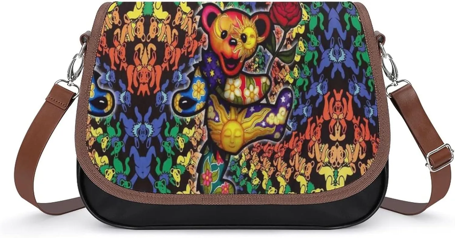 Small Satchel Bags for Women Girl Classic PU Leather Crossbody Bag Strap Shoulder Purse Grateful Dancing Dead Bears Rose Happy Novelty Fashion Cute Graphic