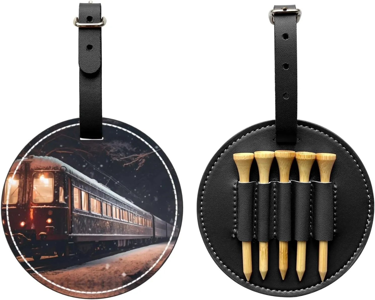 Snowy Night Railway Train Black Golf tee Storage Bag - Easy to Carry Around and More efficient in Playing Golf