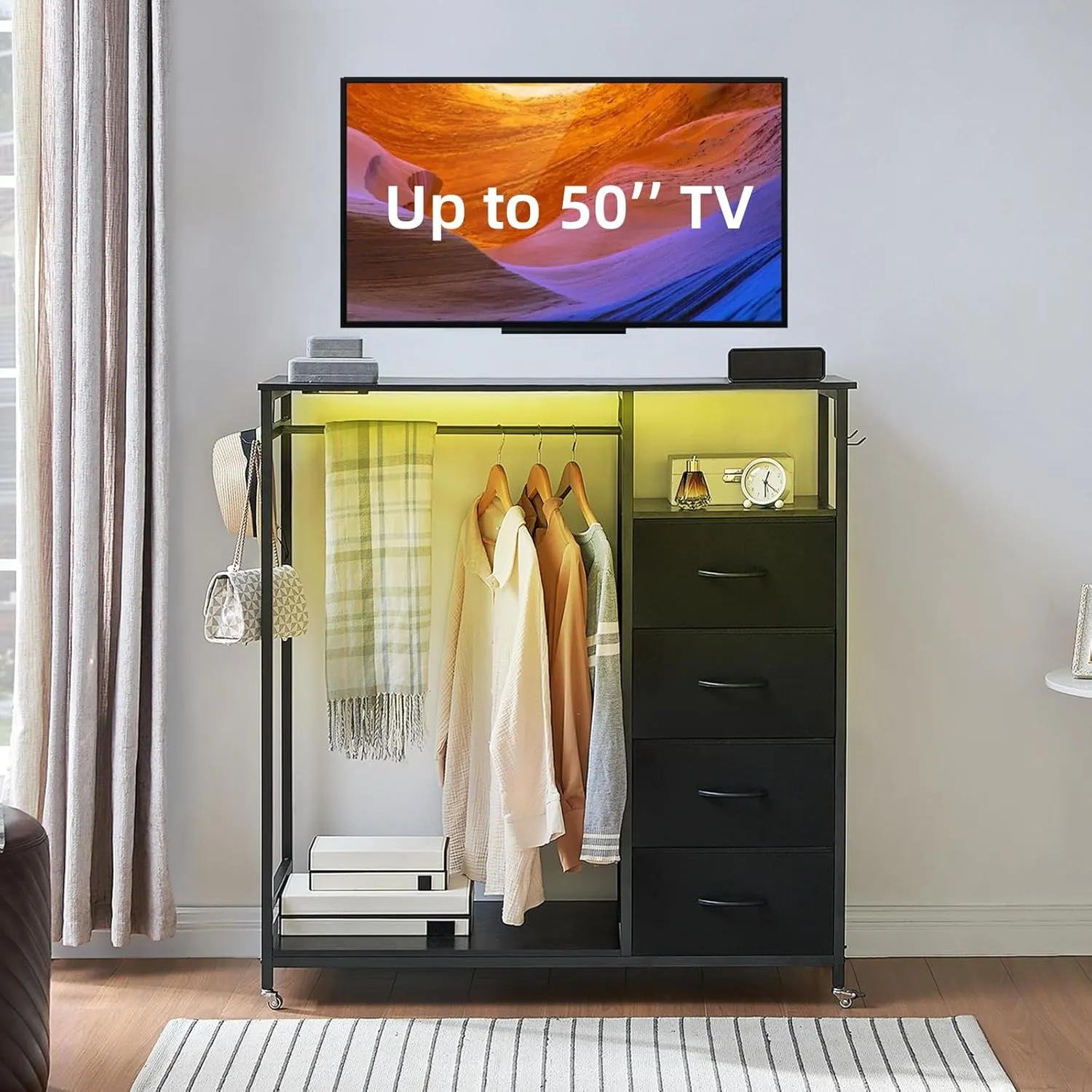 Somdot Black Dresser for Bedroom with Hanging Rack LED Lights and Charging Station, 4 Drawers Dresser with Clothes Rack, Tall Storage Chest of Drawers for Closet Hallway Living Room Nursery