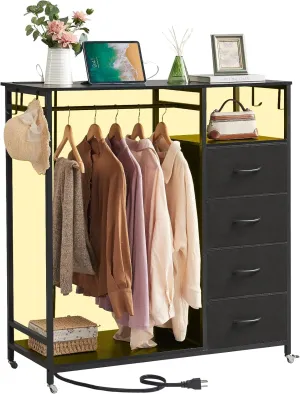 Somdot Black Dresser for Bedroom with Hanging Rack LED Lights and Charging Station, 4 Drawers Dresser with Clothes Rack, Tall Storage Chest of Drawers for Closet Hallway Living Room Nursery
