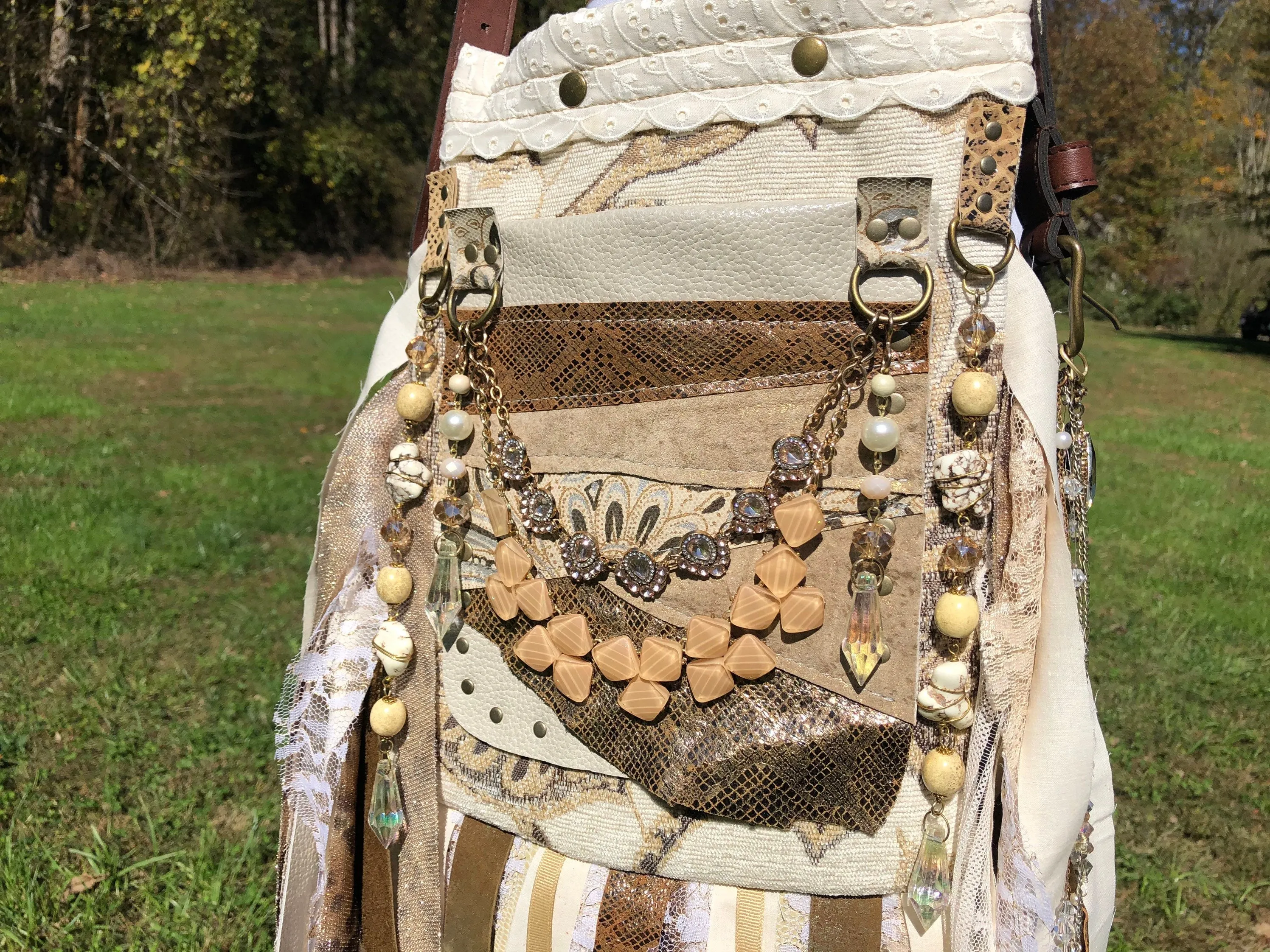 Sparkling Earthy Goddess Bag, Ultimate Festival Fringe Bag, A Hippie Handbag with Boho Chic Embellishments.
