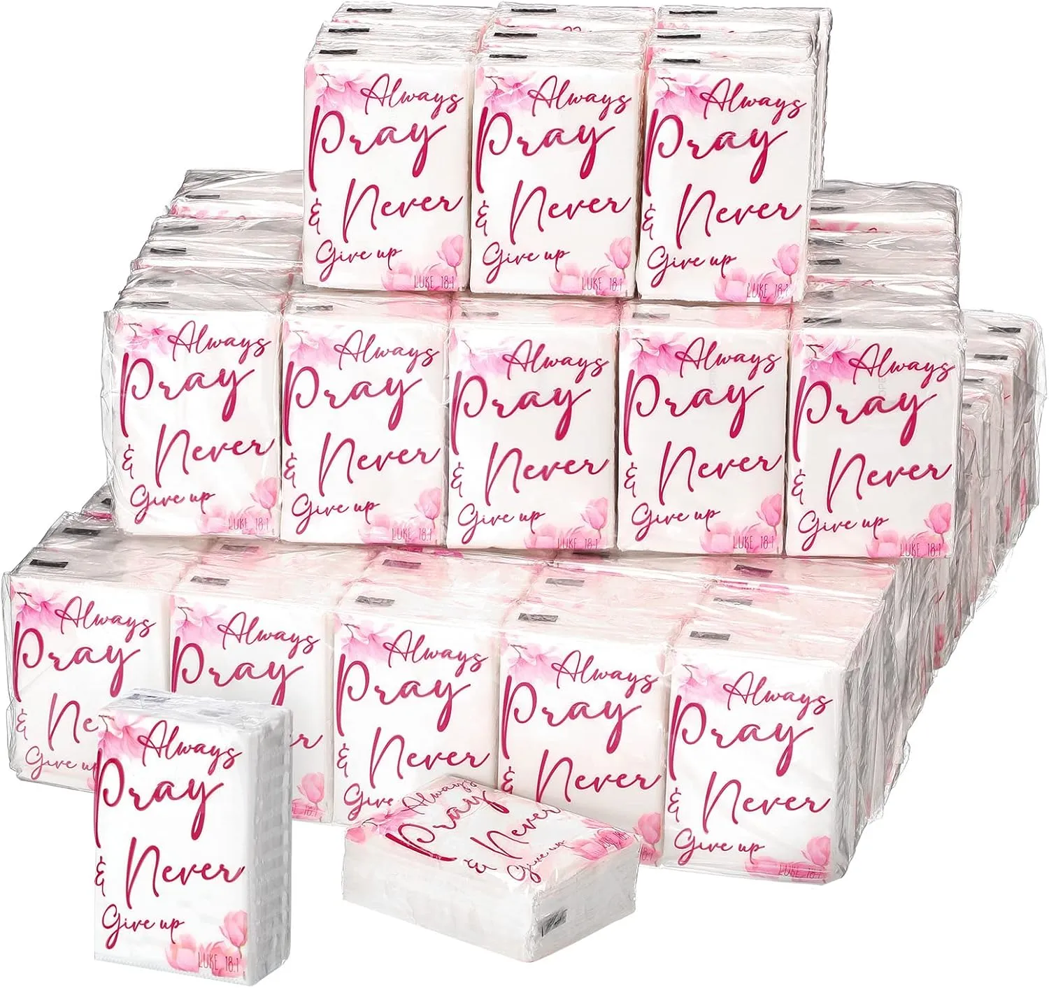 Spiareal 100 Pack Christian Travel Tissues Bulk 3 Ply Mini Bible Verse Individual Tissue Packs Pocket Size Always Pray Never Give up Christian Bulk Gift for Wedding Party Homeless Gift Daily Use