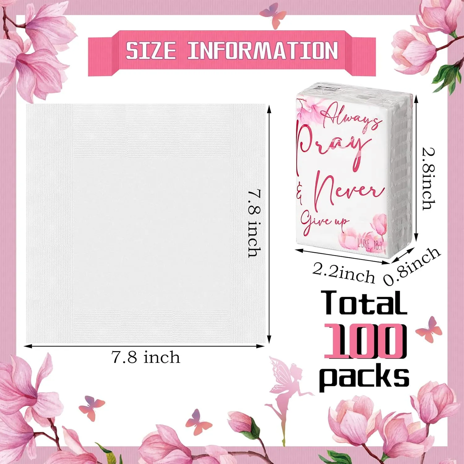 Spiareal 100 Pack Christian Travel Tissues Bulk 3 Ply Mini Bible Verse Individual Tissue Packs Pocket Size Always Pray Never Give up Christian Bulk Gift for Wedding Party Homeless Gift Daily Use