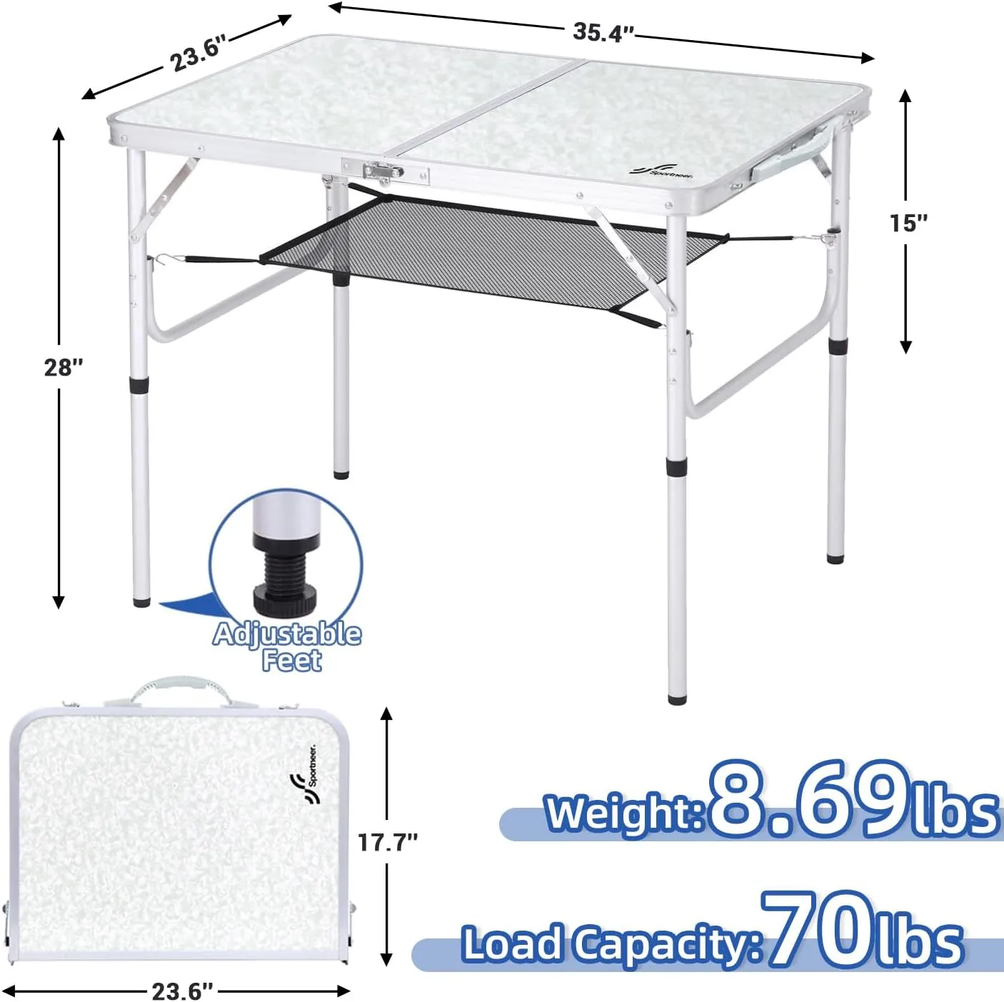 Sportneer Camping Table: Adjustable Height Small Folding Table 35.4" L x 23.6" W 2 Height with Mesh Layer - Compact & Portable Camping Essentials for Outdoor Camp Garden Picnic BBQ Dining Cooking