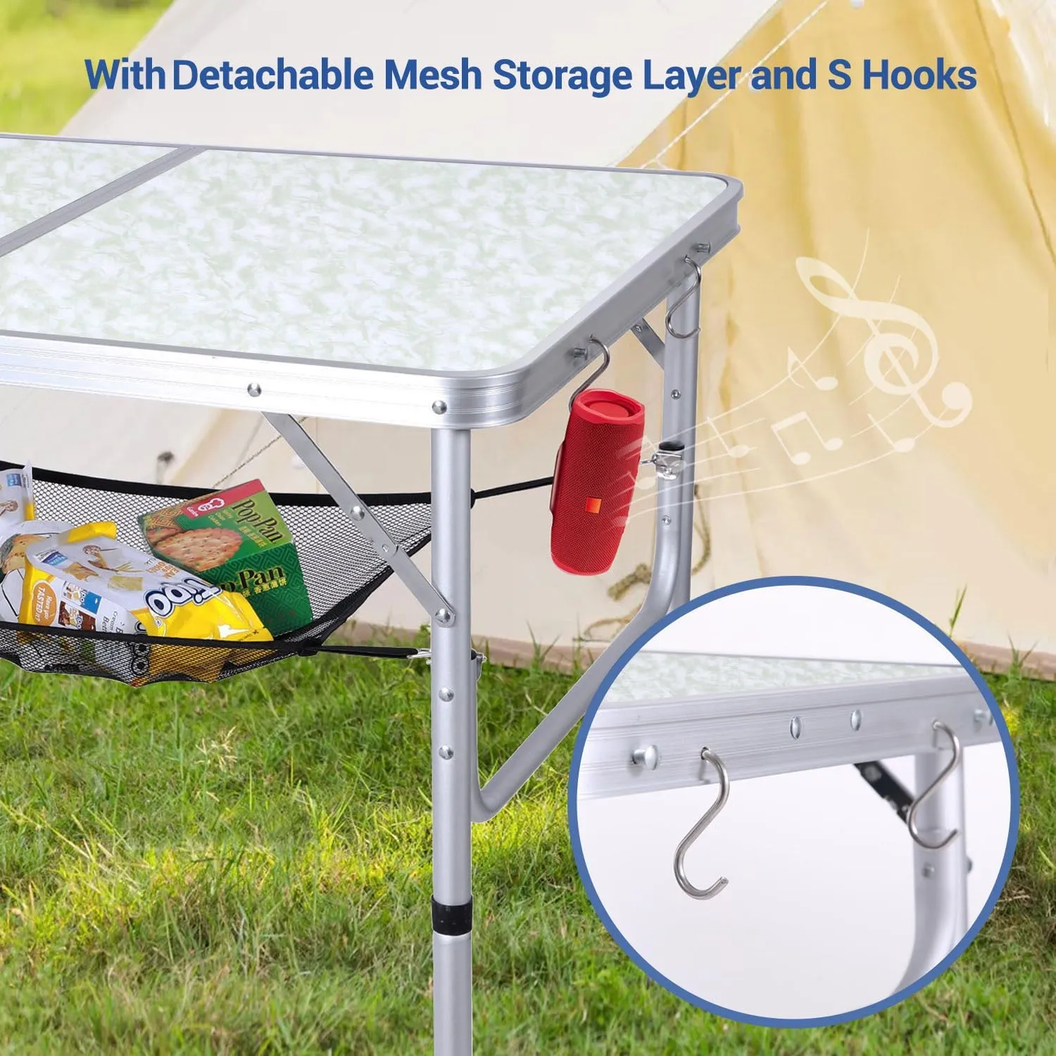 Sportneer Camping Table: Adjustable Height Small Folding Table 35.4" L x 23.6" W 2 Height with Mesh Layer - Compact & Portable Camping Essentials for Outdoor Camp Garden Picnic BBQ Dining Cooking