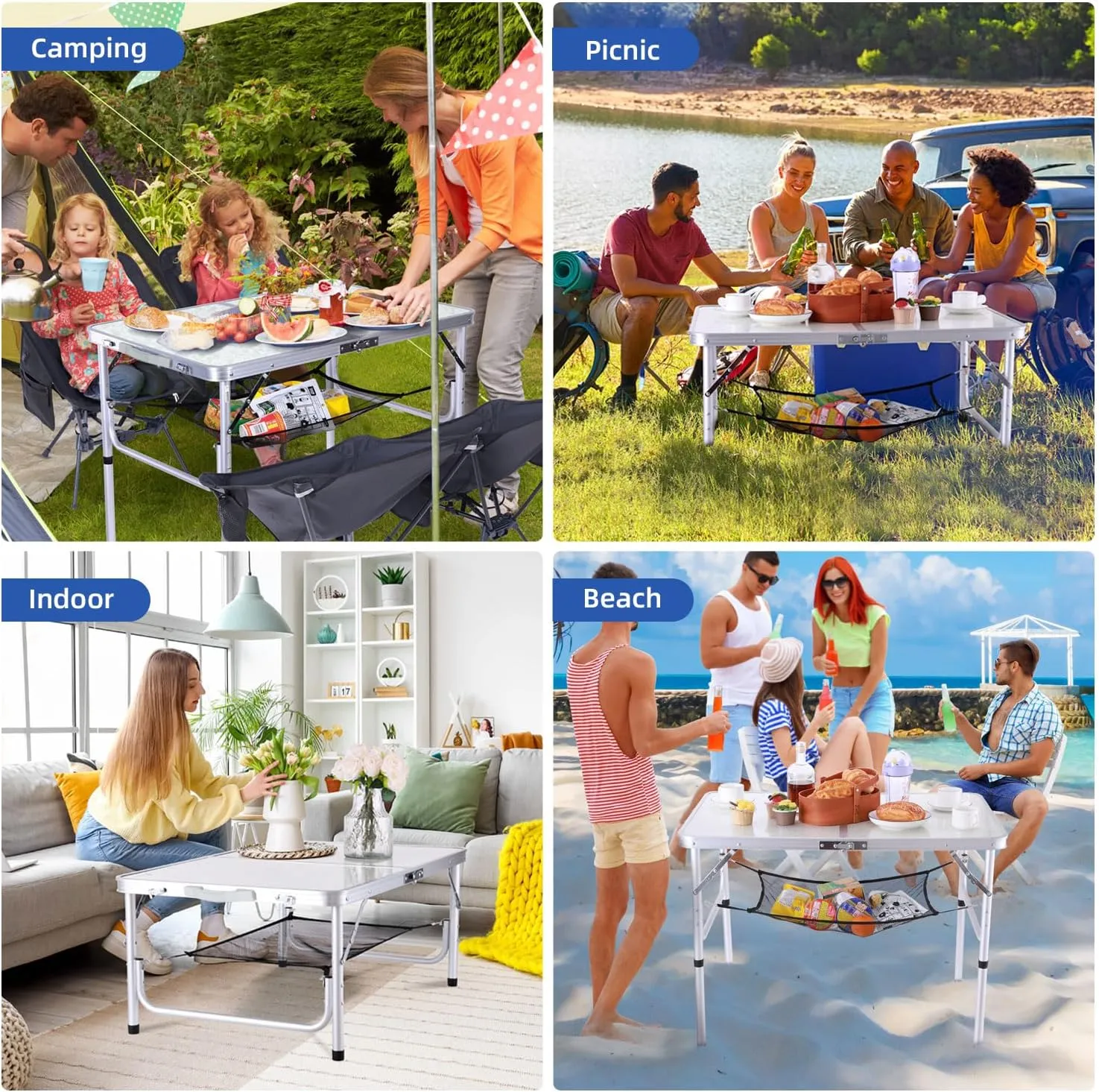 Sportneer Camping Table: Adjustable Height Small Folding Table 35.4" L x 23.6" W 2 Height with Mesh Layer - Compact & Portable Camping Essentials for Outdoor Camp Garden Picnic BBQ Dining Cooking