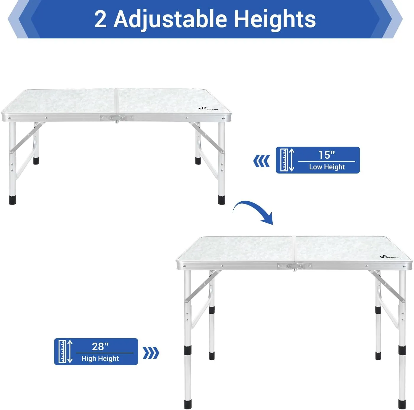 Sportneer Camping Table: Adjustable Height Small Folding Table 35.4" L x 23.6" W 2 Height with Mesh Layer - Compact & Portable Camping Essentials for Outdoor Camp Garden Picnic BBQ Dining Cooking