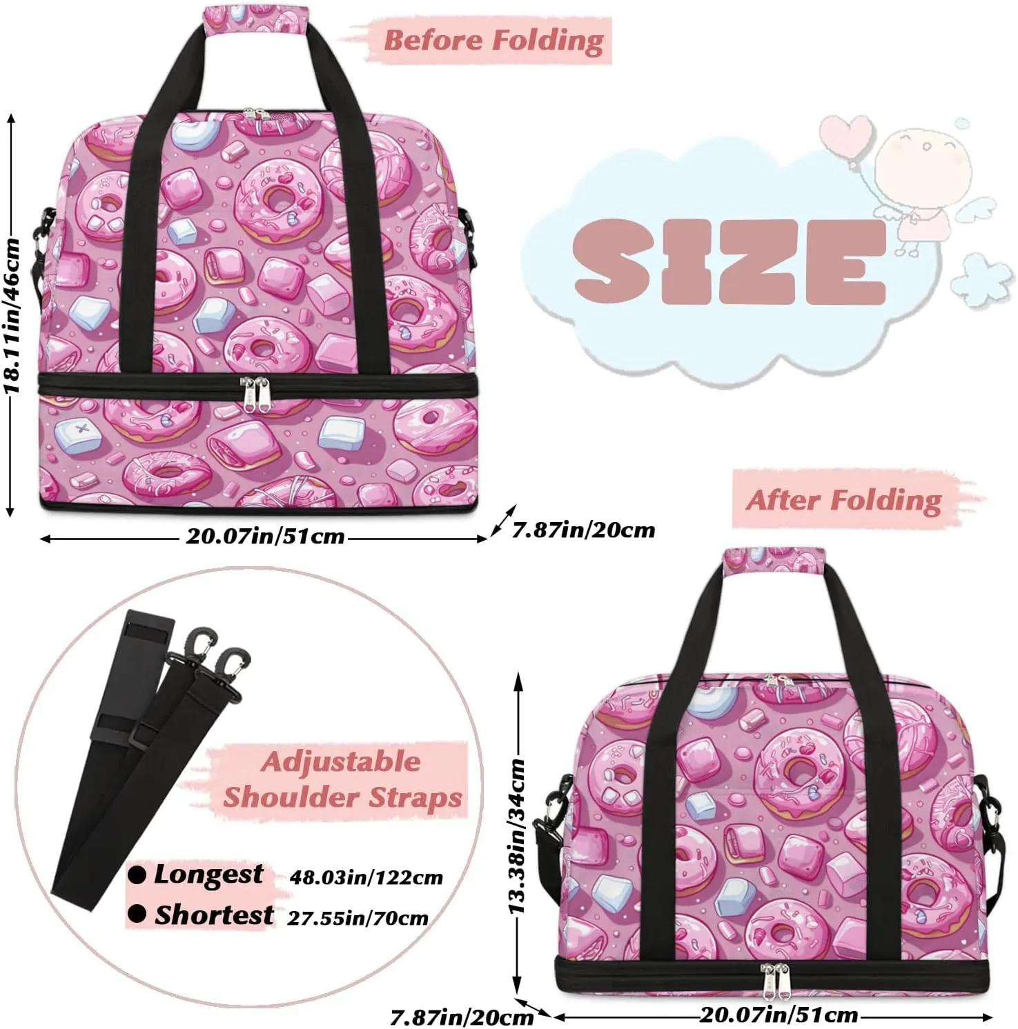Sports Duffel Bag, Foldable Donuts Travel Duffel Bag, Gym Yoga Beach Bag Weekender Overnight Bag with Shoes Compartment for Men Women, Colorful Donut