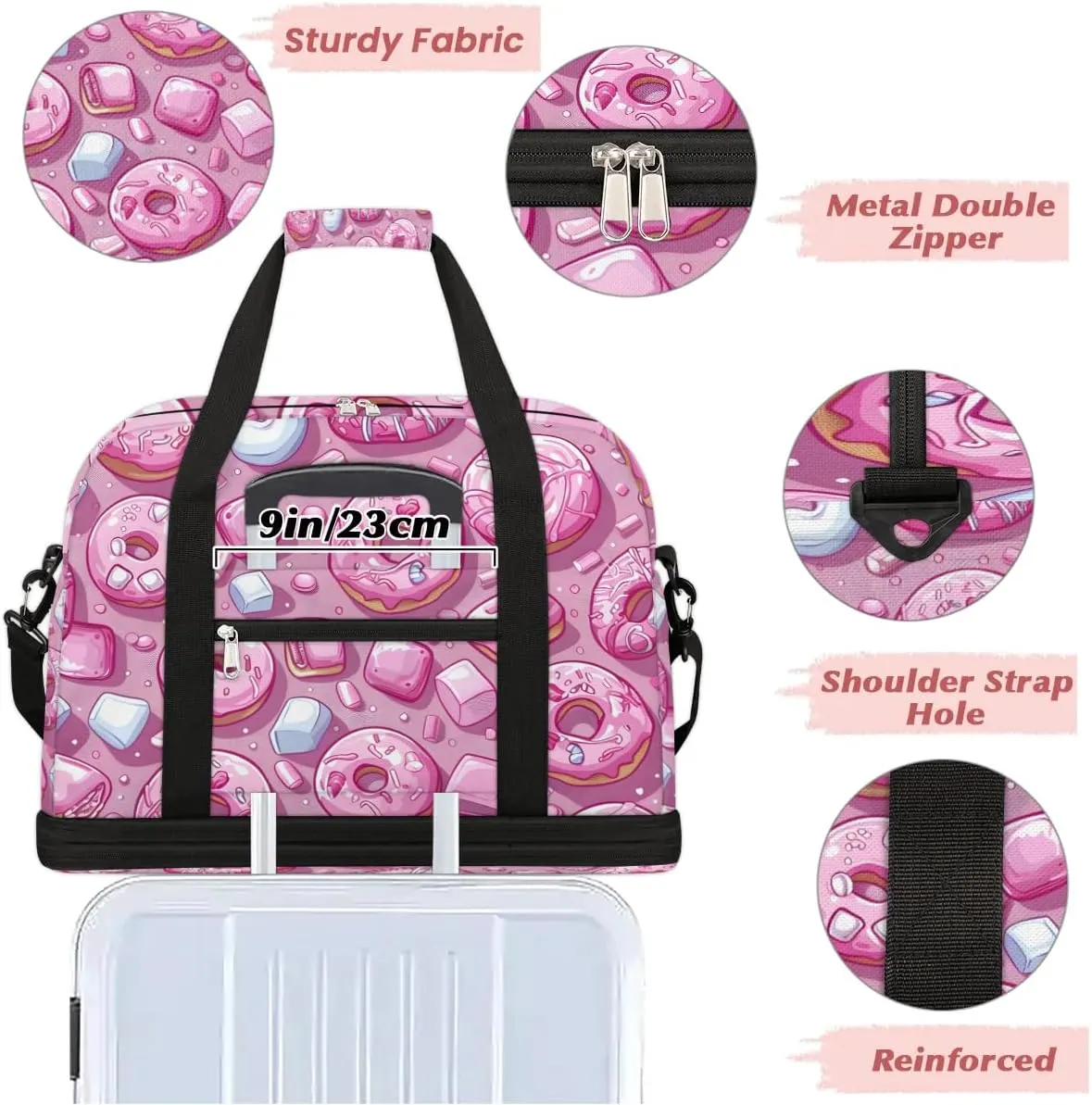 Sports Duffel Bag, Foldable Donuts Travel Duffel Bag, Gym Yoga Beach Bag Weekender Overnight Bag with Shoes Compartment for Men Women, Colorful Donut