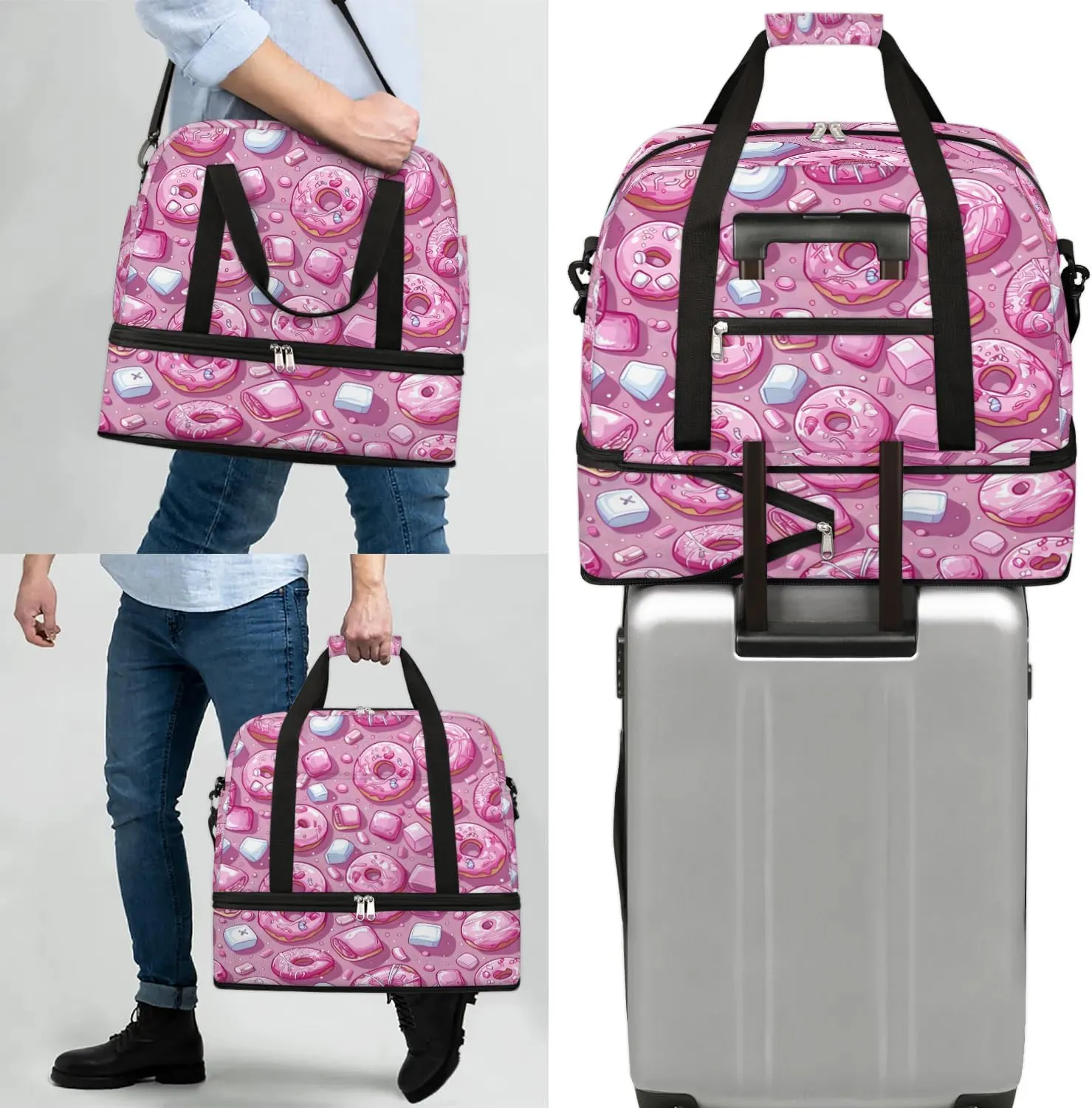Sports Duffel Bag, Foldable Donuts Travel Duffel Bag, Gym Yoga Beach Bag Weekender Overnight Bag with Shoes Compartment for Men Women, Colorful Donut