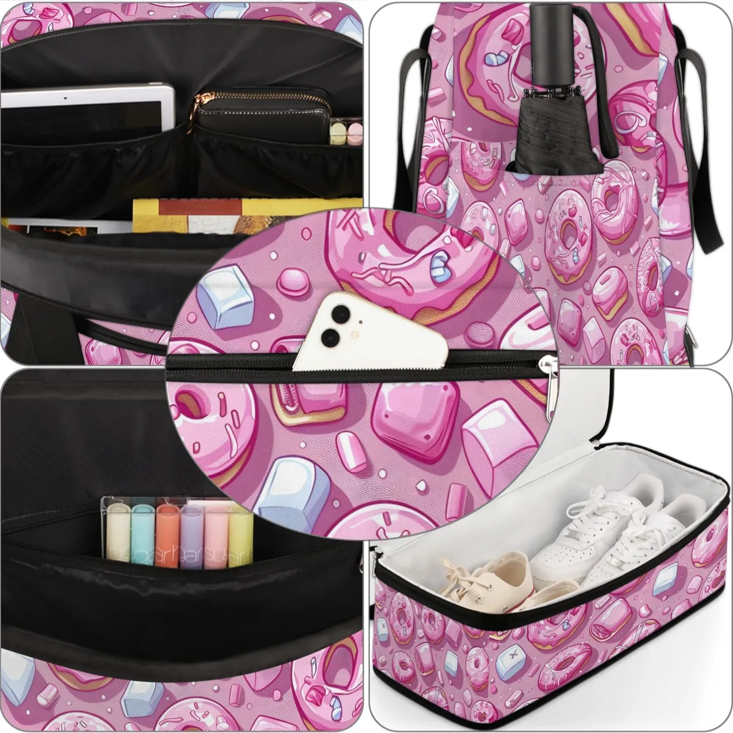 Sports Duffel Bag, Foldable Donuts Travel Duffel Bag, Gym Yoga Beach Bag Weekender Overnight Bag with Shoes Compartment for Men Women, Colorful Donut