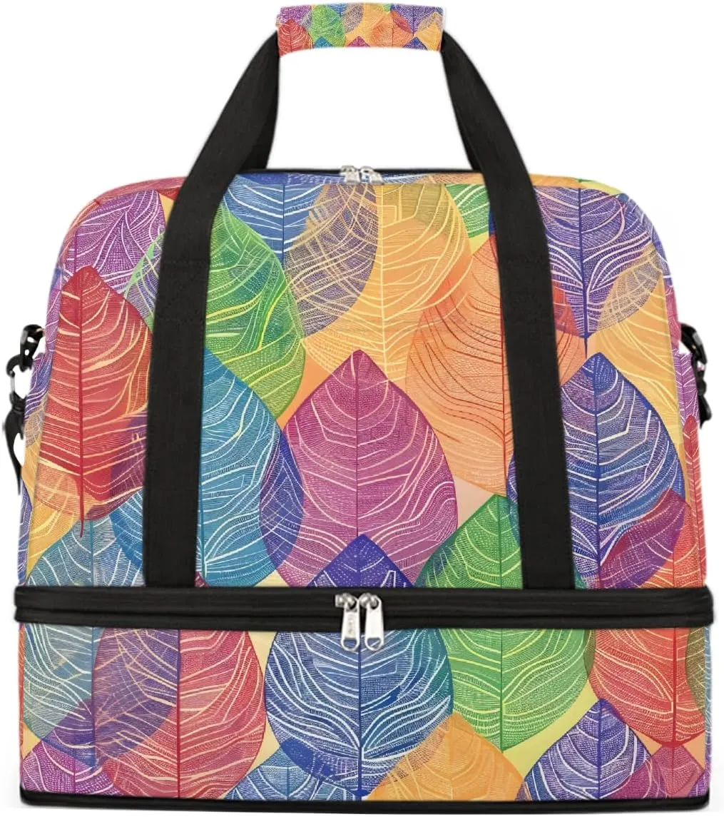 Sports Gym Bag Colorful Leaves Tile Large Travel Duffel Bag With Shoe Compartment Foldable Waterproof Carry-On Weekend Travel Bags for Camping Overnight Yoga Hospital Travel Bags