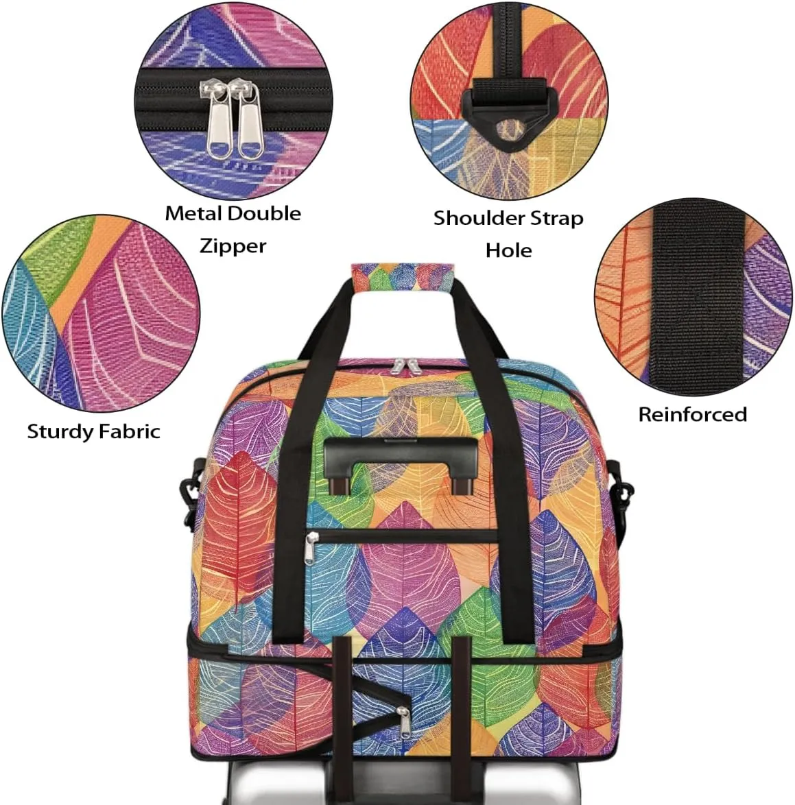Sports Gym Bag Colorful Leaves Tile Large Travel Duffel Bag With Shoe Compartment Foldable Waterproof Carry-On Weekend Travel Bags for Camping Overnight Yoga Hospital Travel Bags