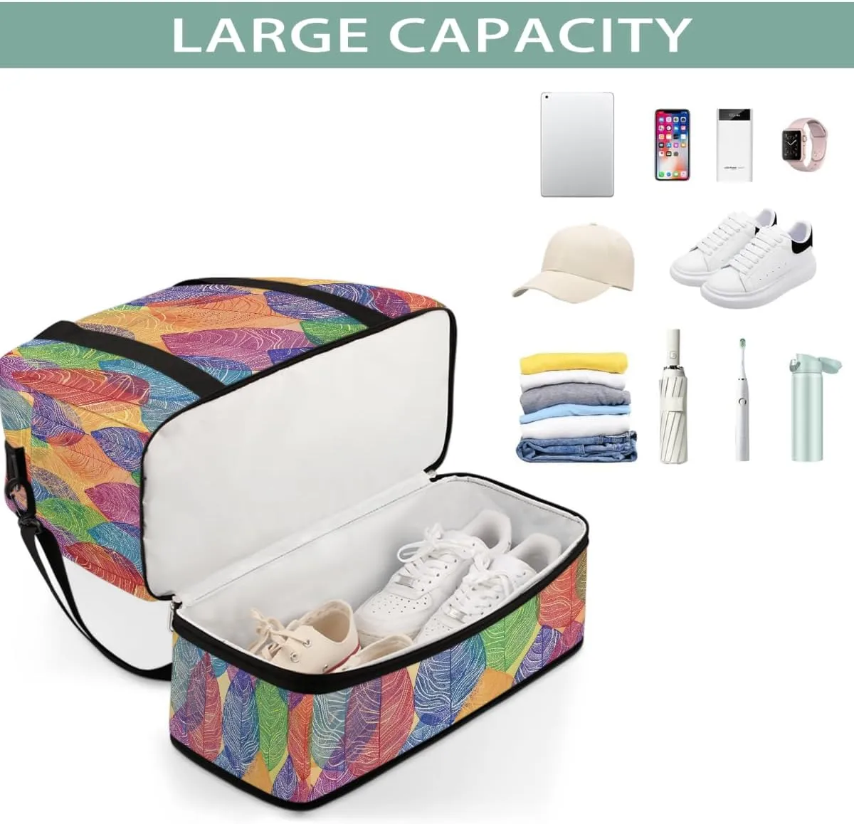 Sports Gym Bag Colorful Leaves Tile Large Travel Duffel Bag With Shoe Compartment Foldable Waterproof Carry-On Weekend Travel Bags for Camping Overnight Yoga Hospital Travel Bags