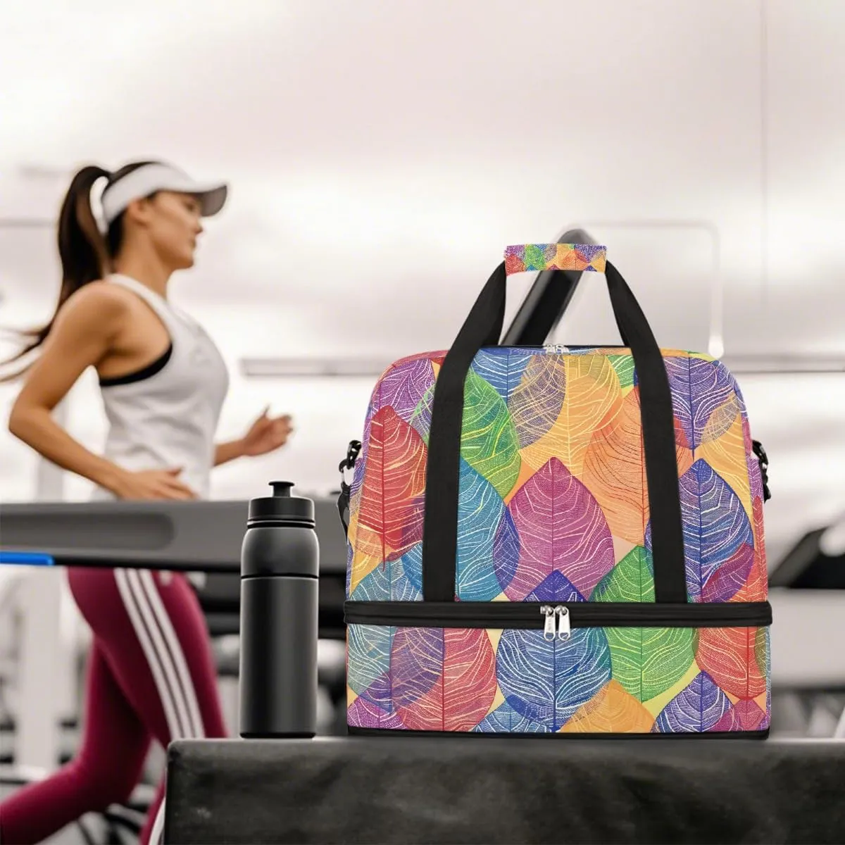 Sports Gym Bag Colorful Leaves Tile Large Travel Duffel Bag With Shoe Compartment Foldable Waterproof Carry-On Weekend Travel Bags for Camping Overnight Yoga Hospital Travel Bags