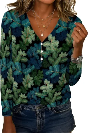 Spring Boho Tops for Women Long Length Sleeve V Neck Floral Outfits Soft Blouse Business Casual Basic Tunic T Shirts