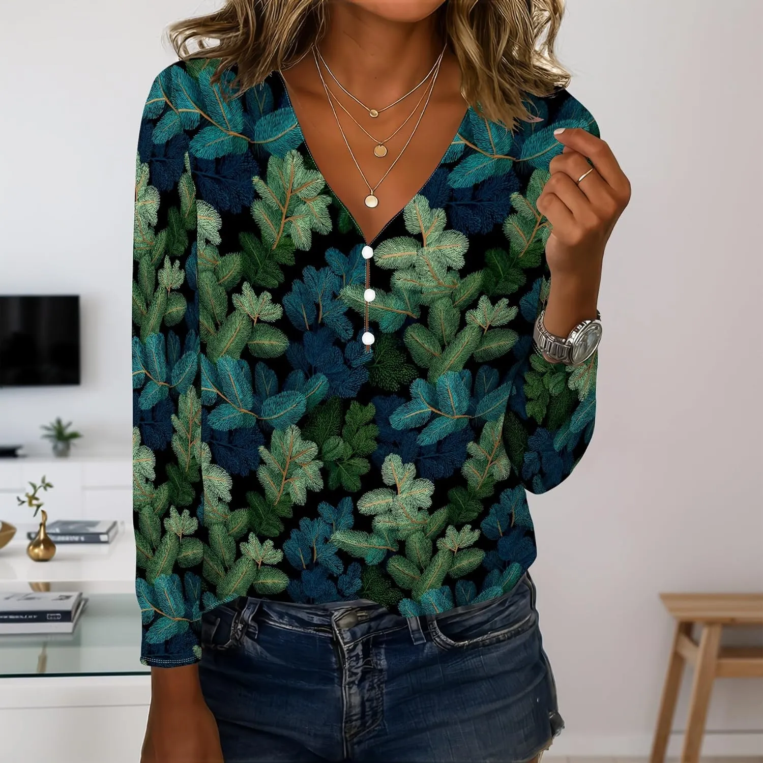 Spring Boho Tops for Women Long Length Sleeve V Neck Floral Outfits Soft Blouse Business Casual Basic Tunic T Shirts