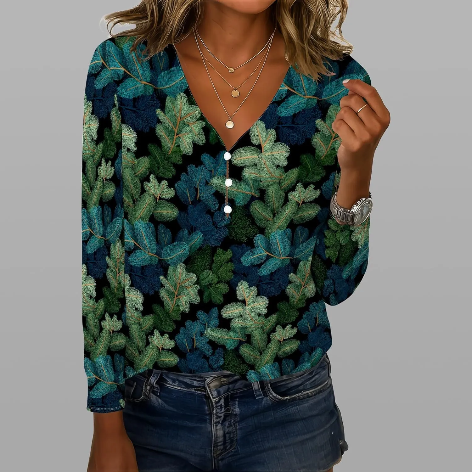 Spring Boho Tops for Women Long Length Sleeve V Neck Floral Outfits Soft Blouse Business Casual Basic Tunic T Shirts