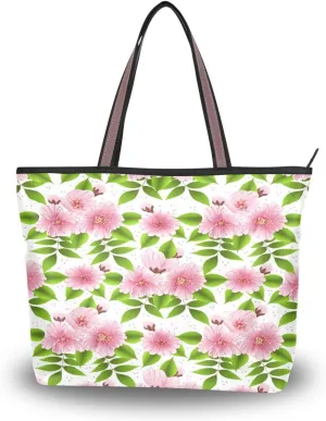 Spring Tote Bag for Women with Zipper Pocket Polyester Tote Purse Flower Handbag,10