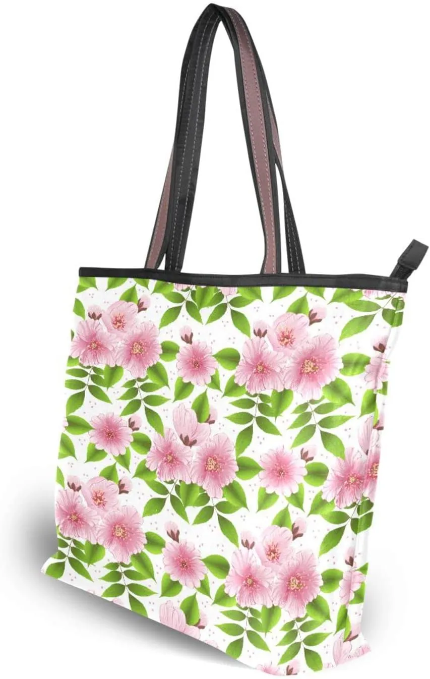 Spring Tote Bag for Women with Zipper Pocket Polyester Tote Purse Flower Handbag,10