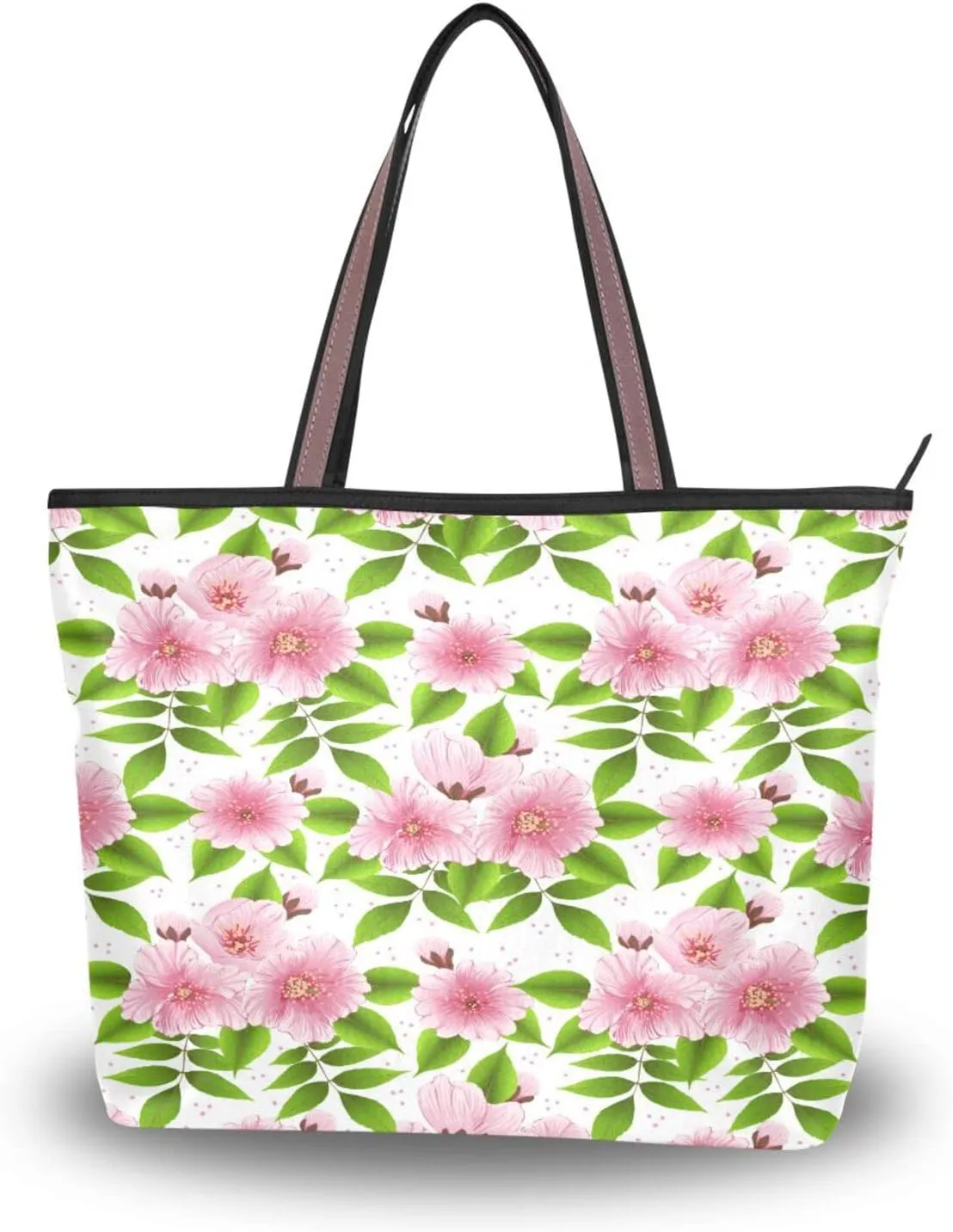 Spring Tote Bag for Women with Zipper Pocket Polyester Tote Purse Flower Handbag,10