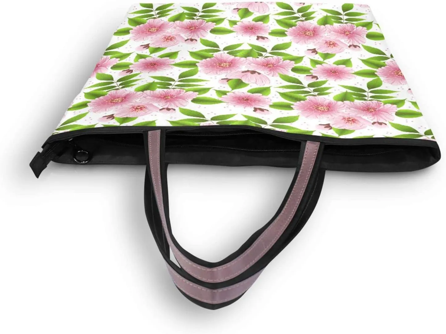 Spring Tote Bag for Women with Zipper Pocket Polyester Tote Purse Flower Handbag,10