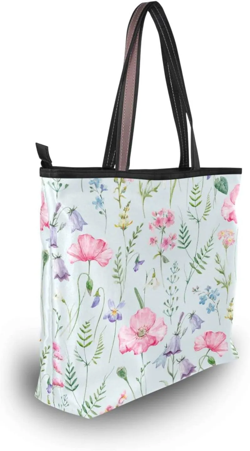 Spring Tote Bag for Women With Zipper Pocket Polyester Tote Purse Flower Handbag