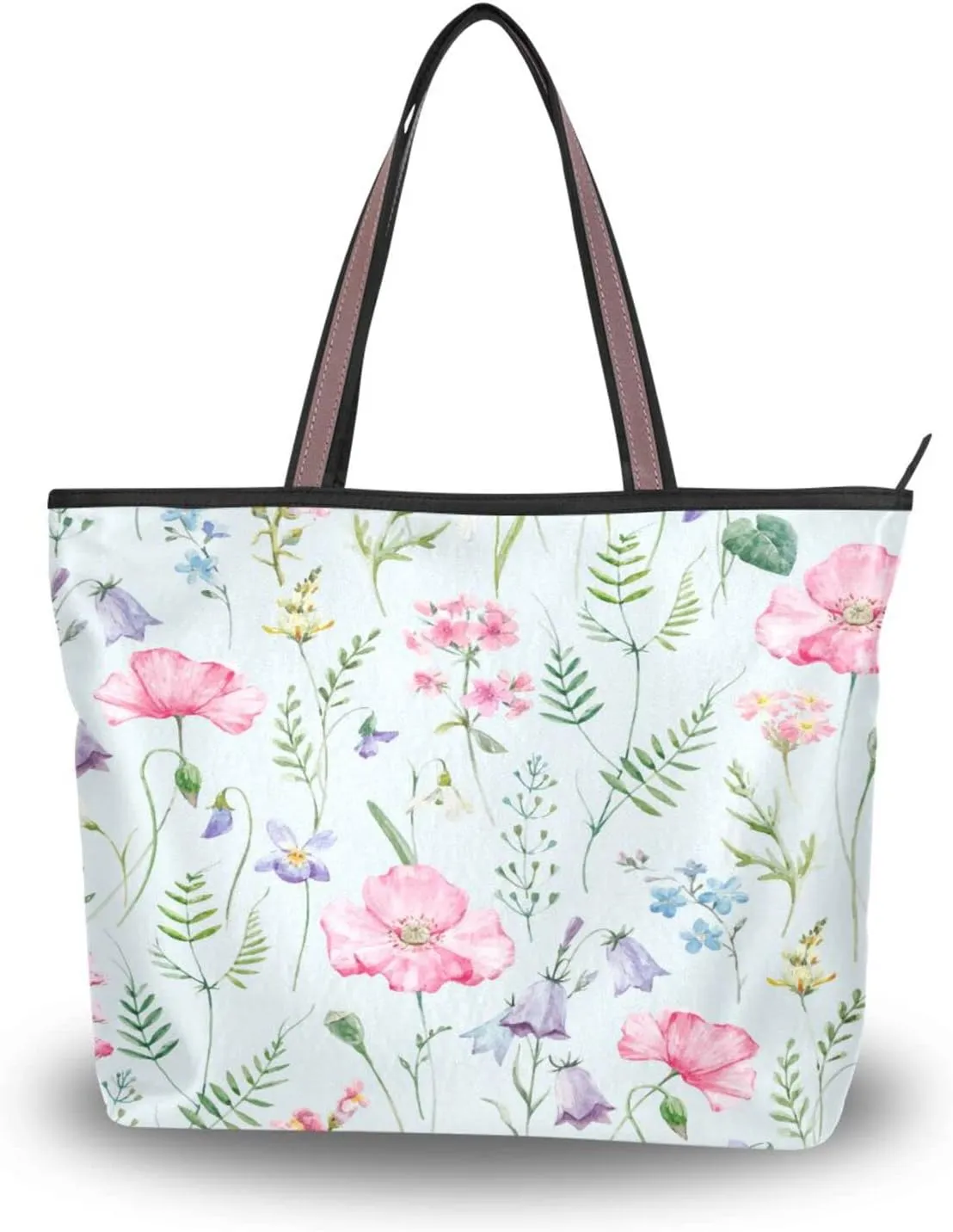 Spring Tote Bag for Women With Zipper Pocket Polyester Tote Purse Flower Handbag