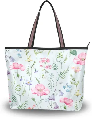 Spring Tote Bag for Women With Zipper Pocket Polyester Tote Purse Flower Handbag