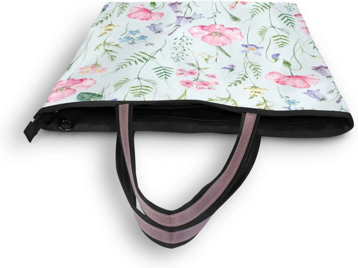 Spring Tote Bag for Women With Zipper Pocket Polyester Tote Purse Flower Handbag