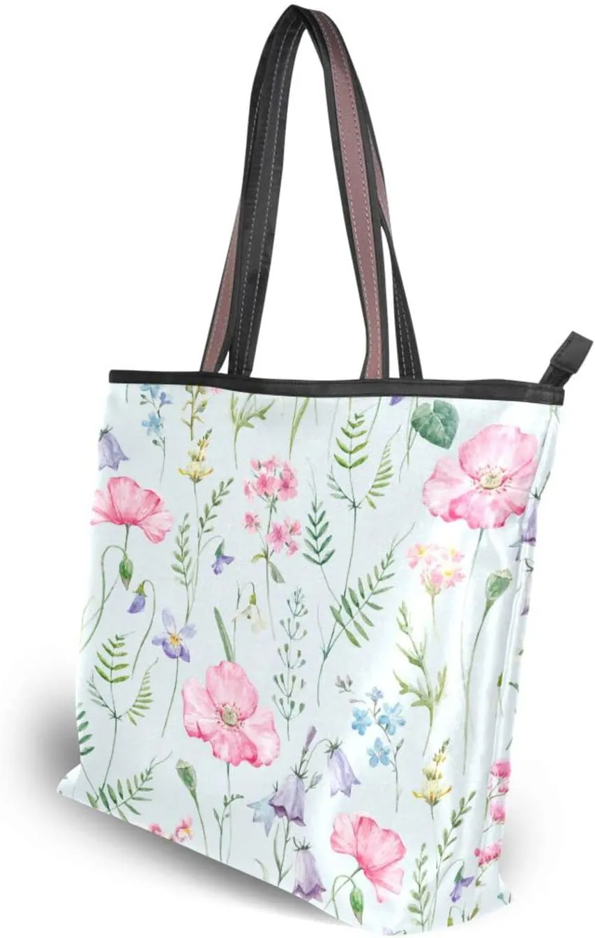 Spring Tote Bag for Women With Zipper Pocket Polyester Tote Purse Flower Handbag