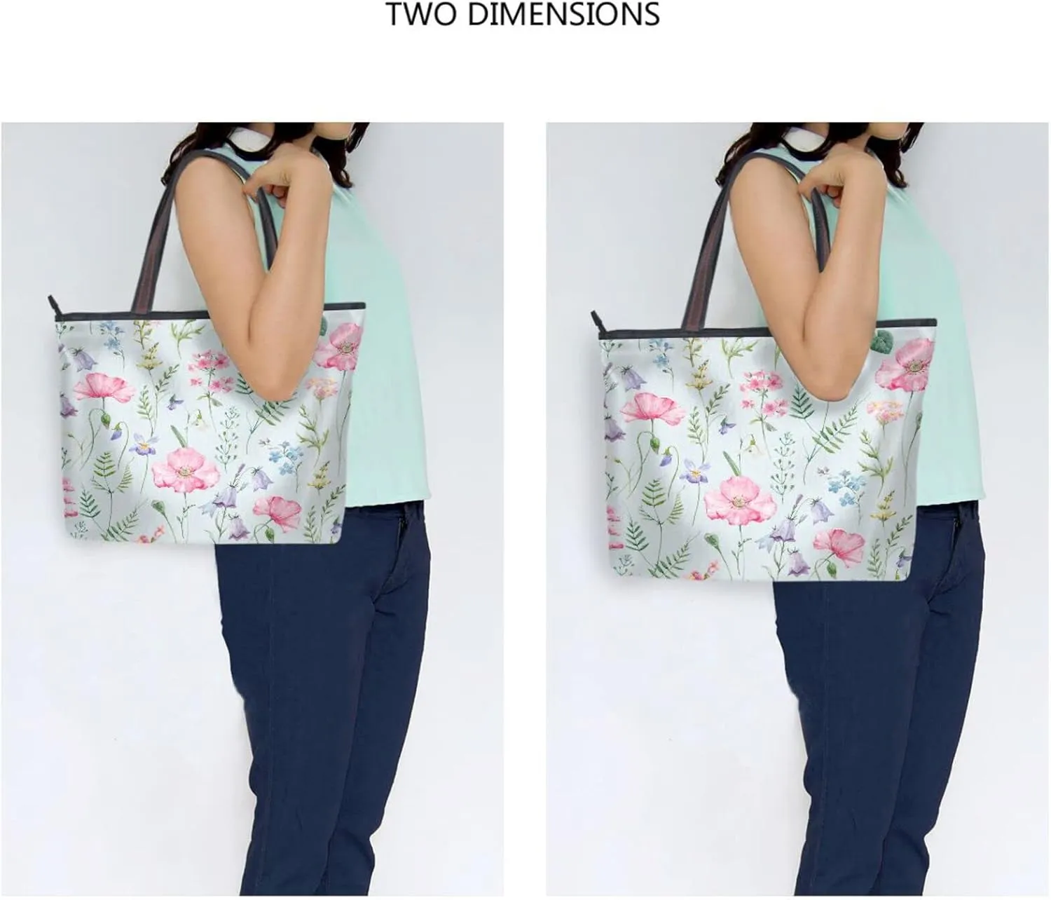 Spring Tote Bag for Women With Zipper Pocket Polyester Tote Purse Flower Handbag